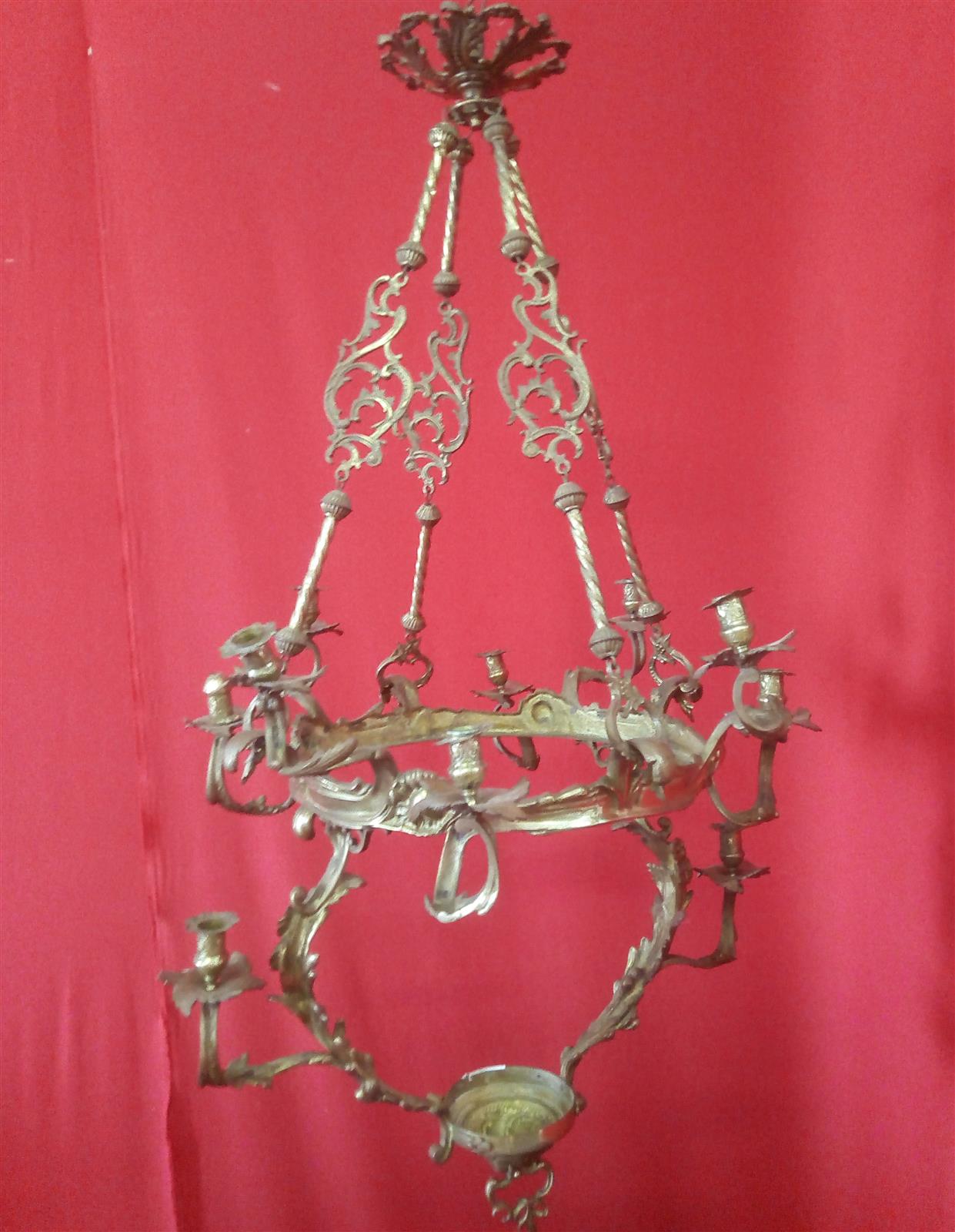 Bronze chandelier with cobalt blue cup
