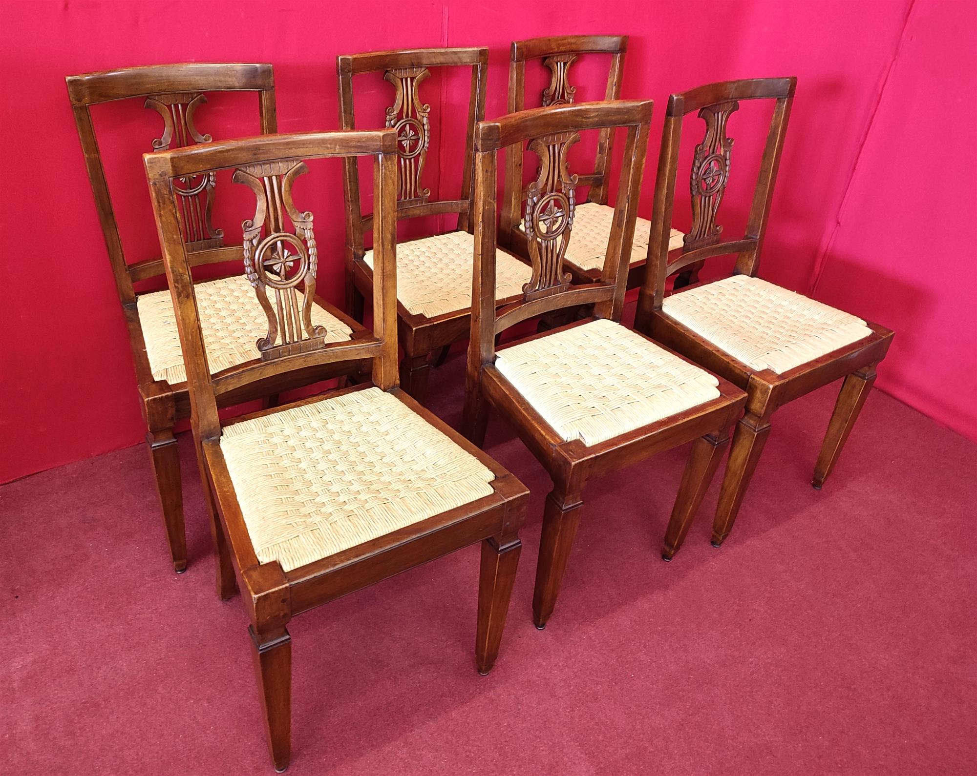 Group of six walnut chairs