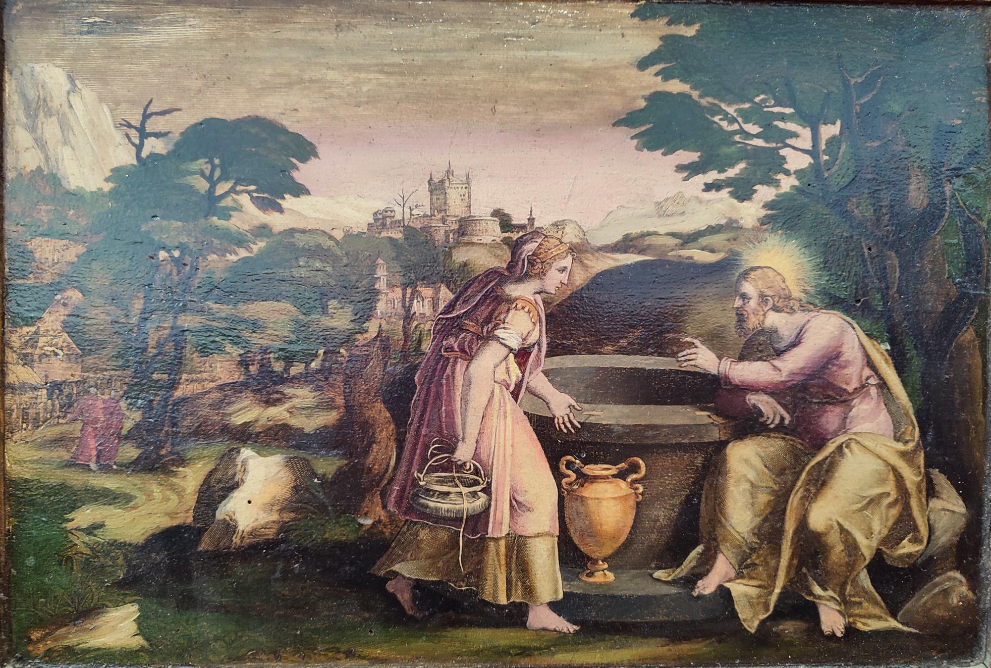 Stampa dipinta Cristo e la Samaritana al pozzo, Cornelis Cort