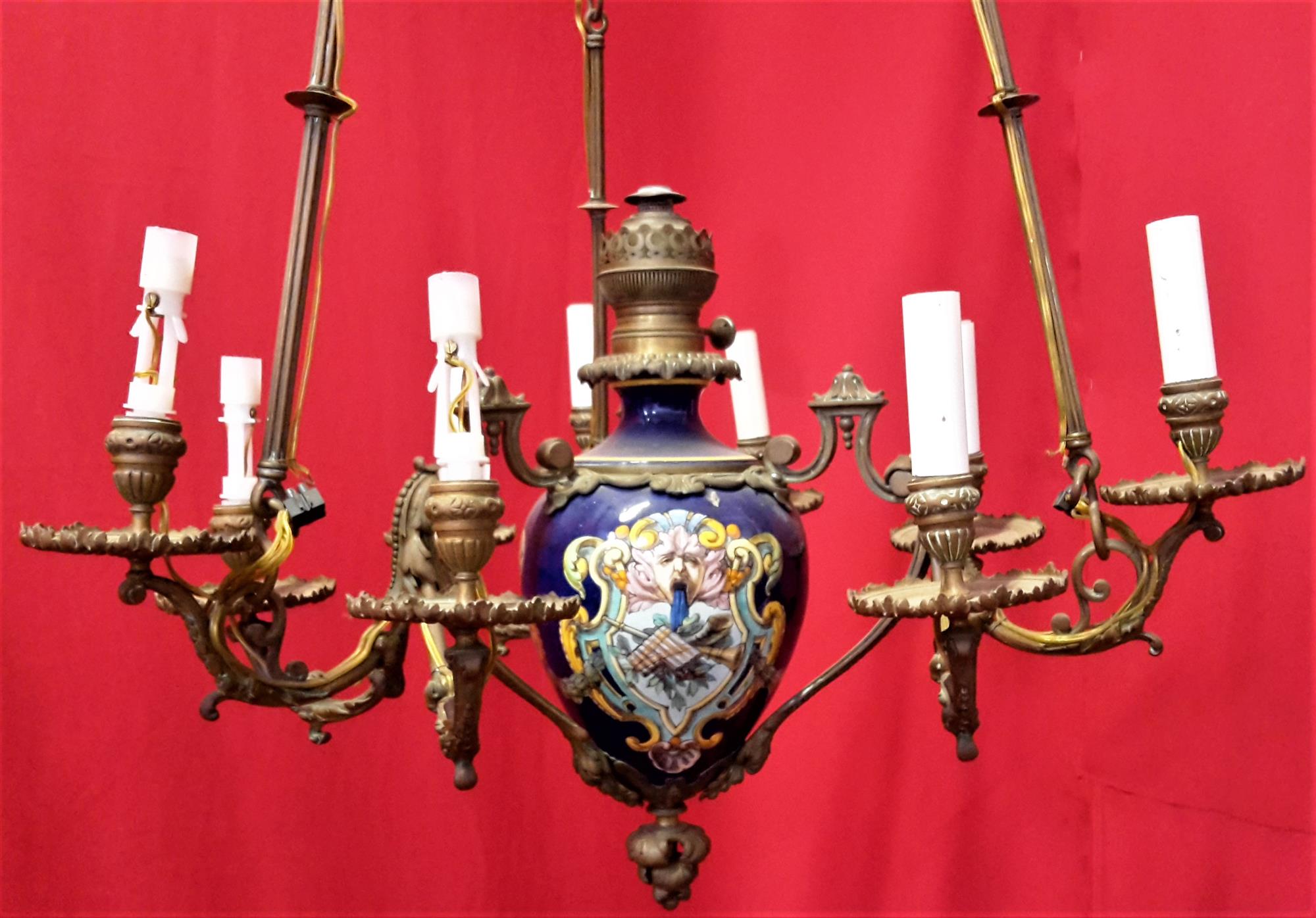 Nine-lamp majolica chandelier