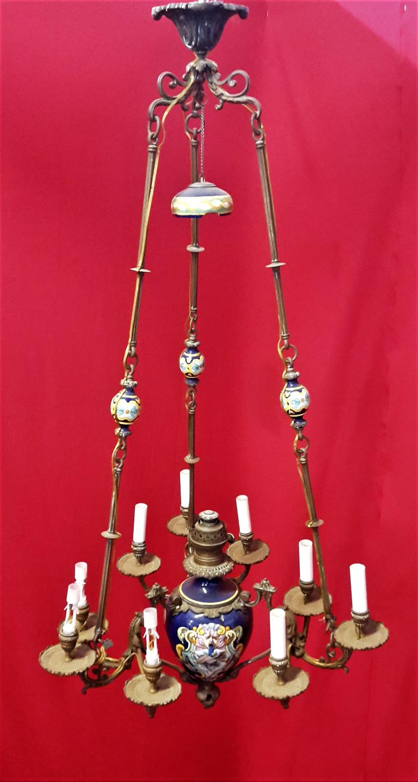 Nine-lamp majolica chandelier