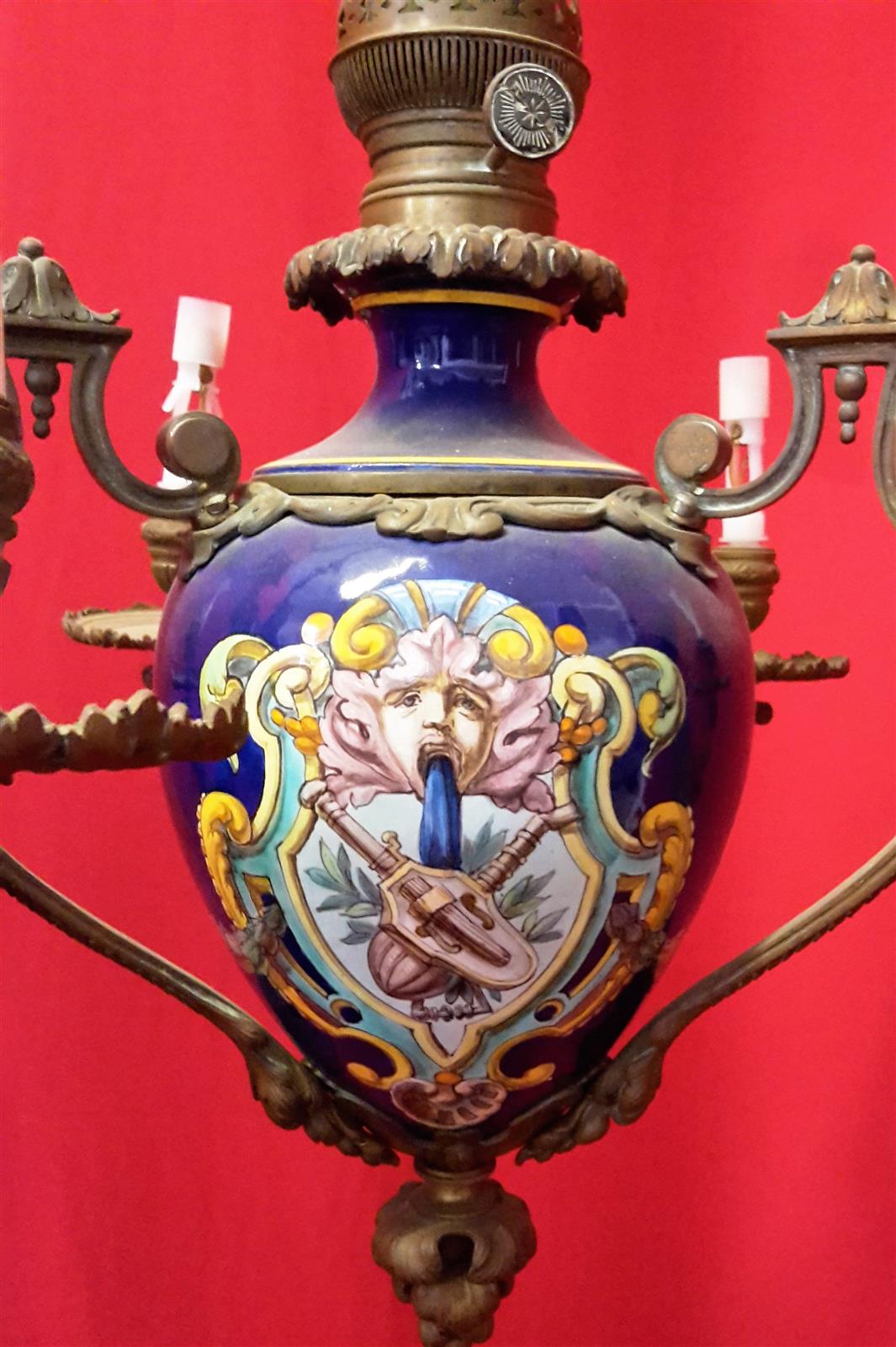 Nine-lamp majolica chandelier