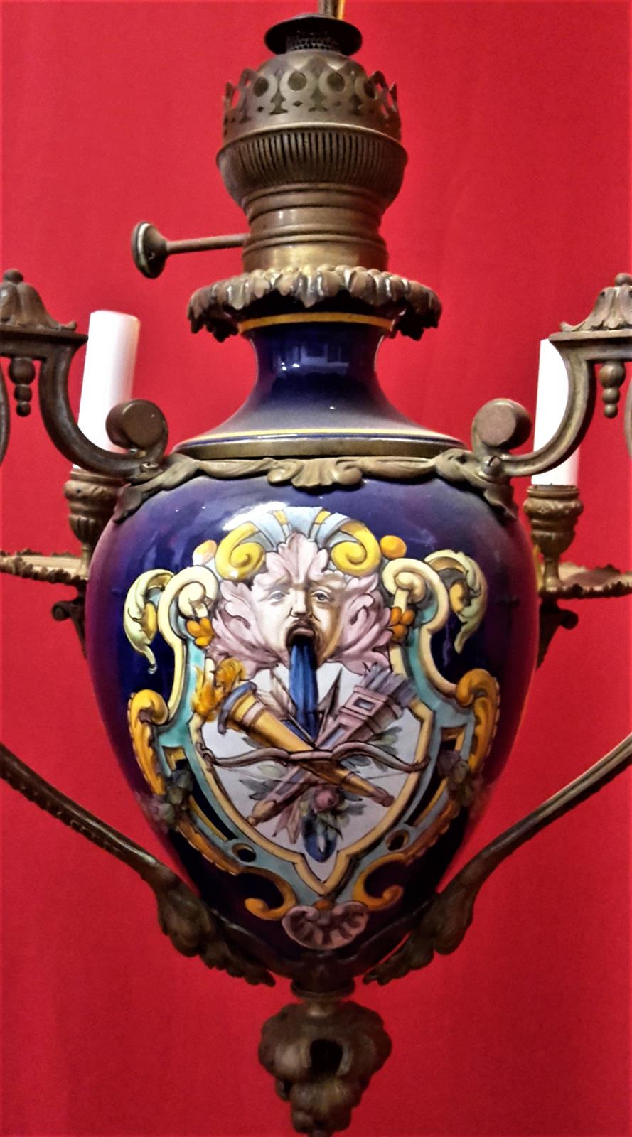 Nine-lamp majolica chandelier