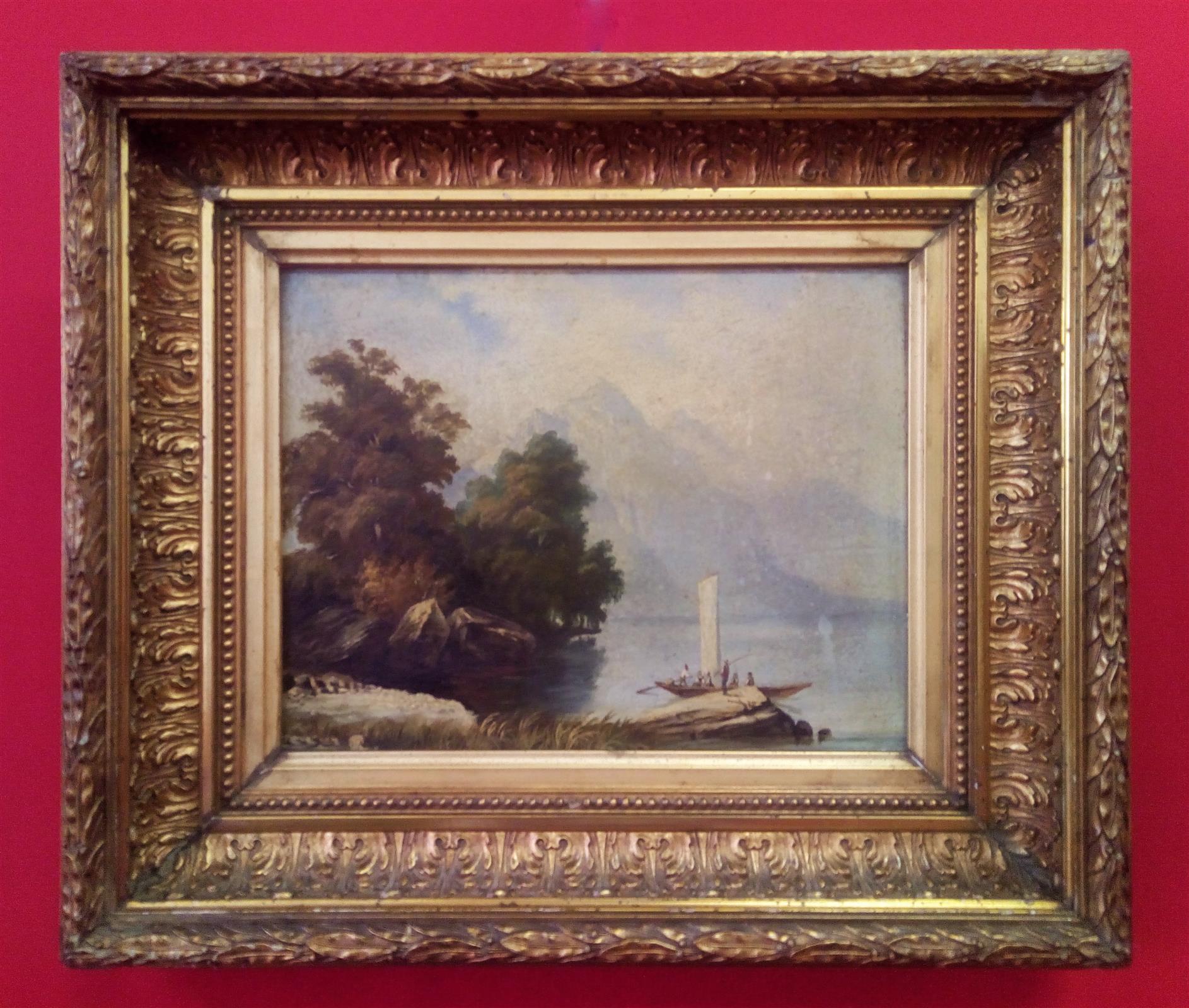 Quadro Su Tela Con Lamina Dorata, Paesaggio Rustico Sul Lago, 50x50 Cm, Per Soggiorno E Camera Da Letto, GALLERIEWALLA