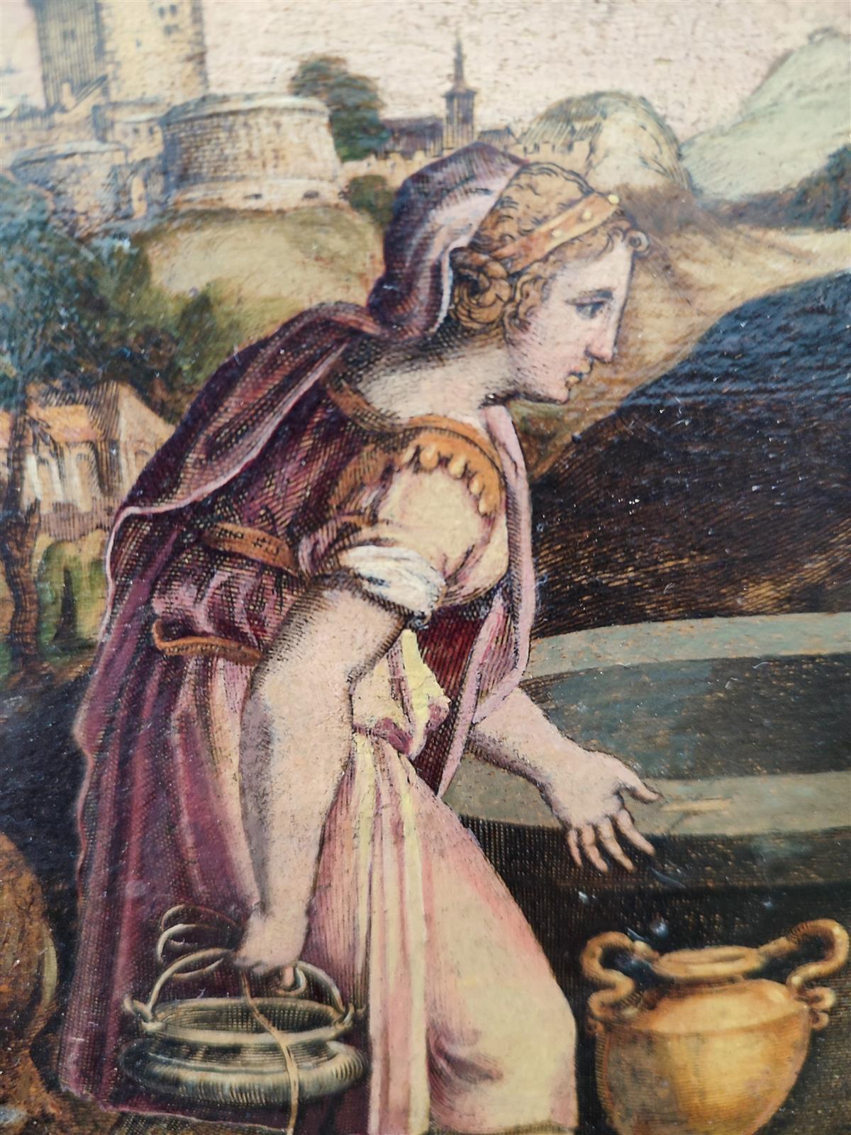 Stampa dipinta Cristo e la Samaritana al pozzo, Cornelis Cort